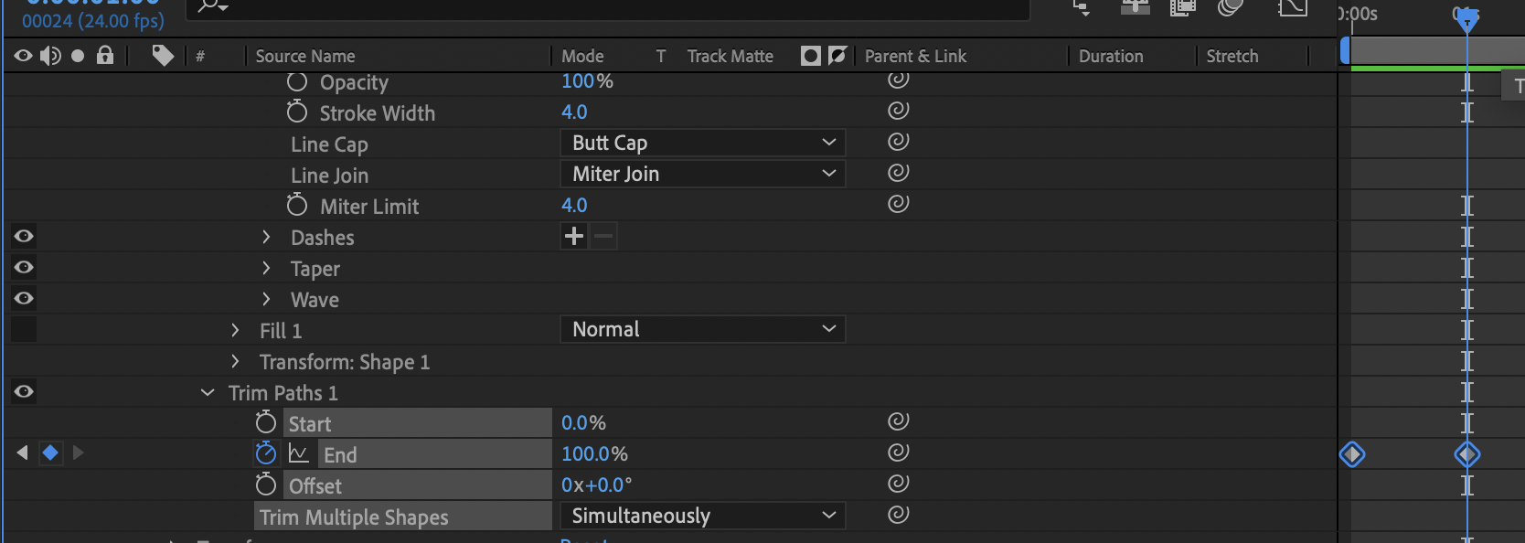 after effects timeline showing keyframes on the trim paths end value