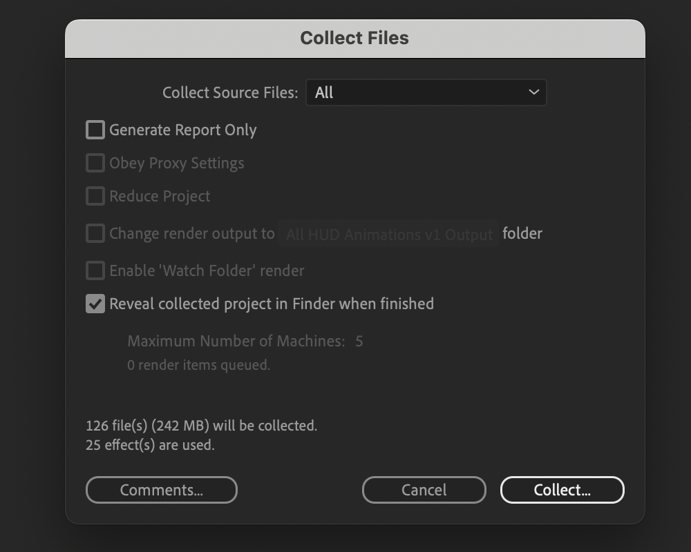 The Collect Files pop-up window in After Effects