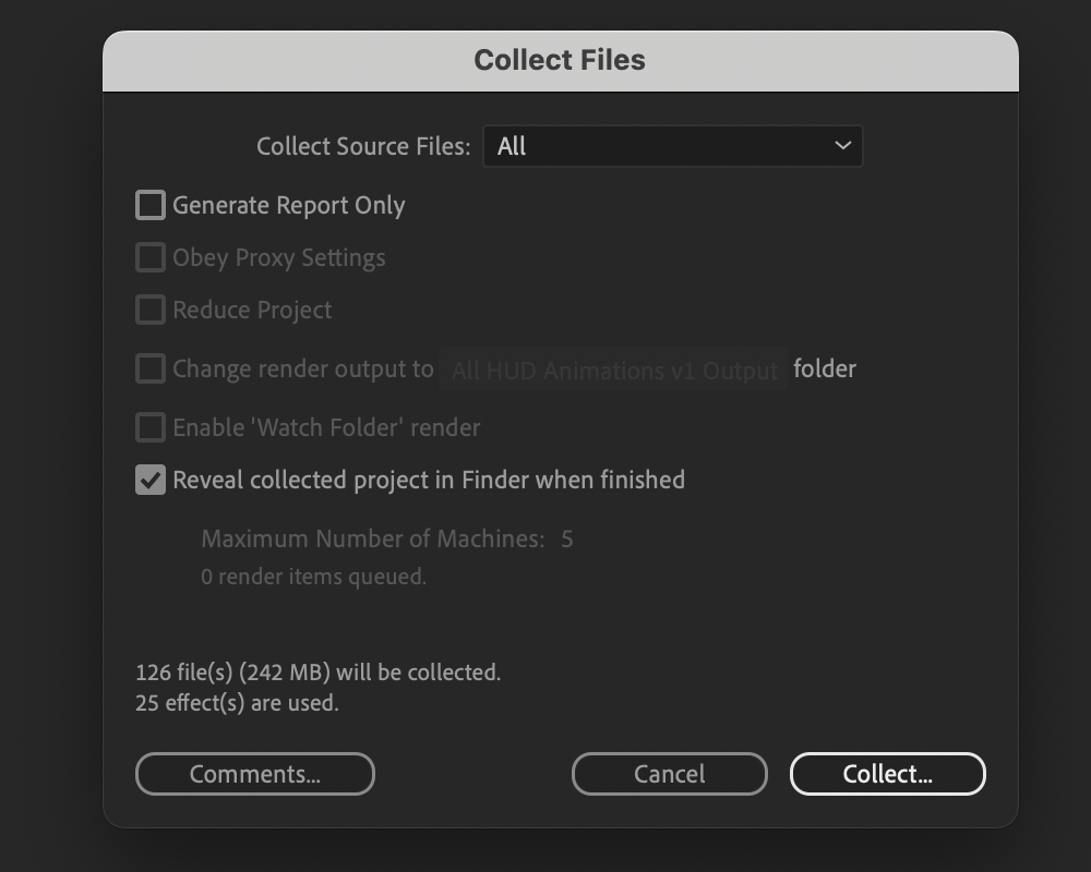 The collect files pop-up window in After Effects