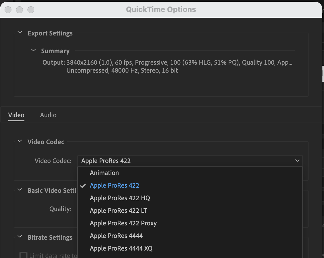 codec settings after effects export