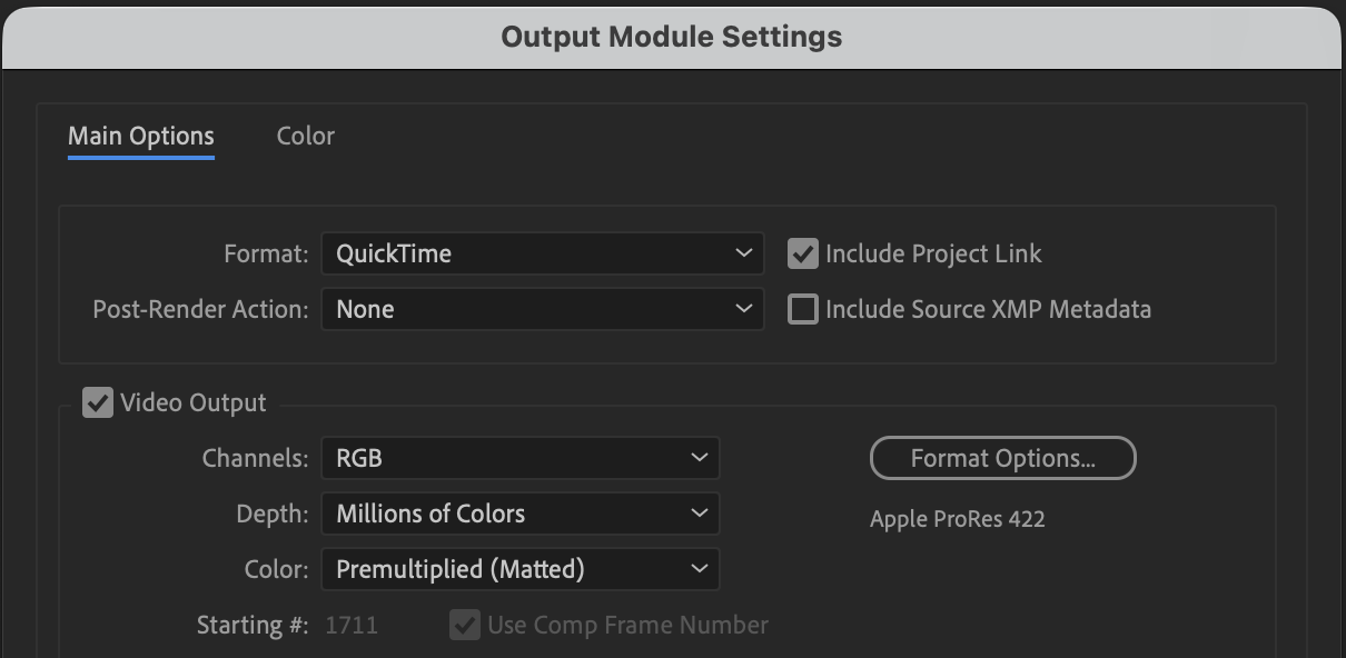output module settings after effects