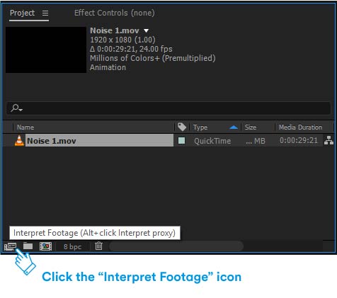interpret footage after effects project panel