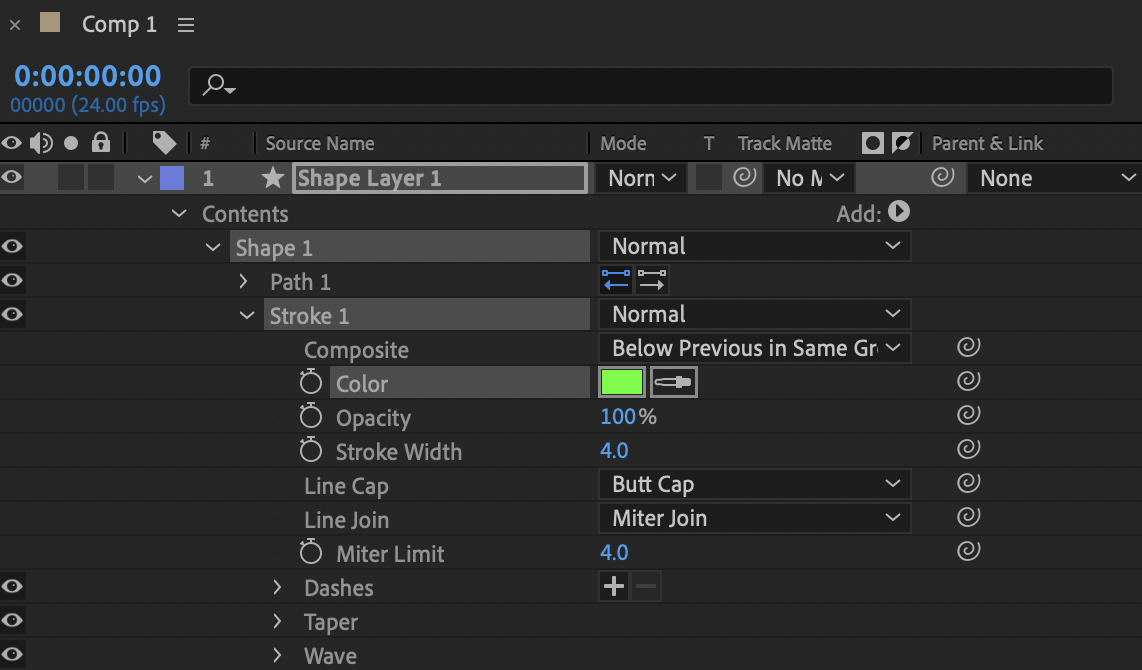stroke and fill options within a shape layer after effects
