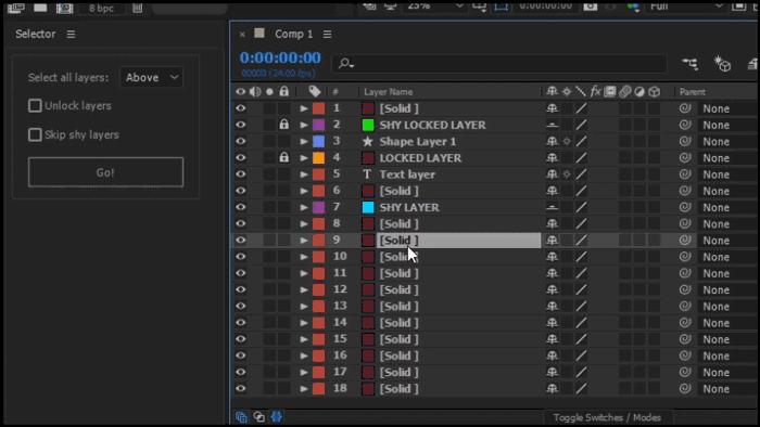 Select all layers above or below the current layer after effects